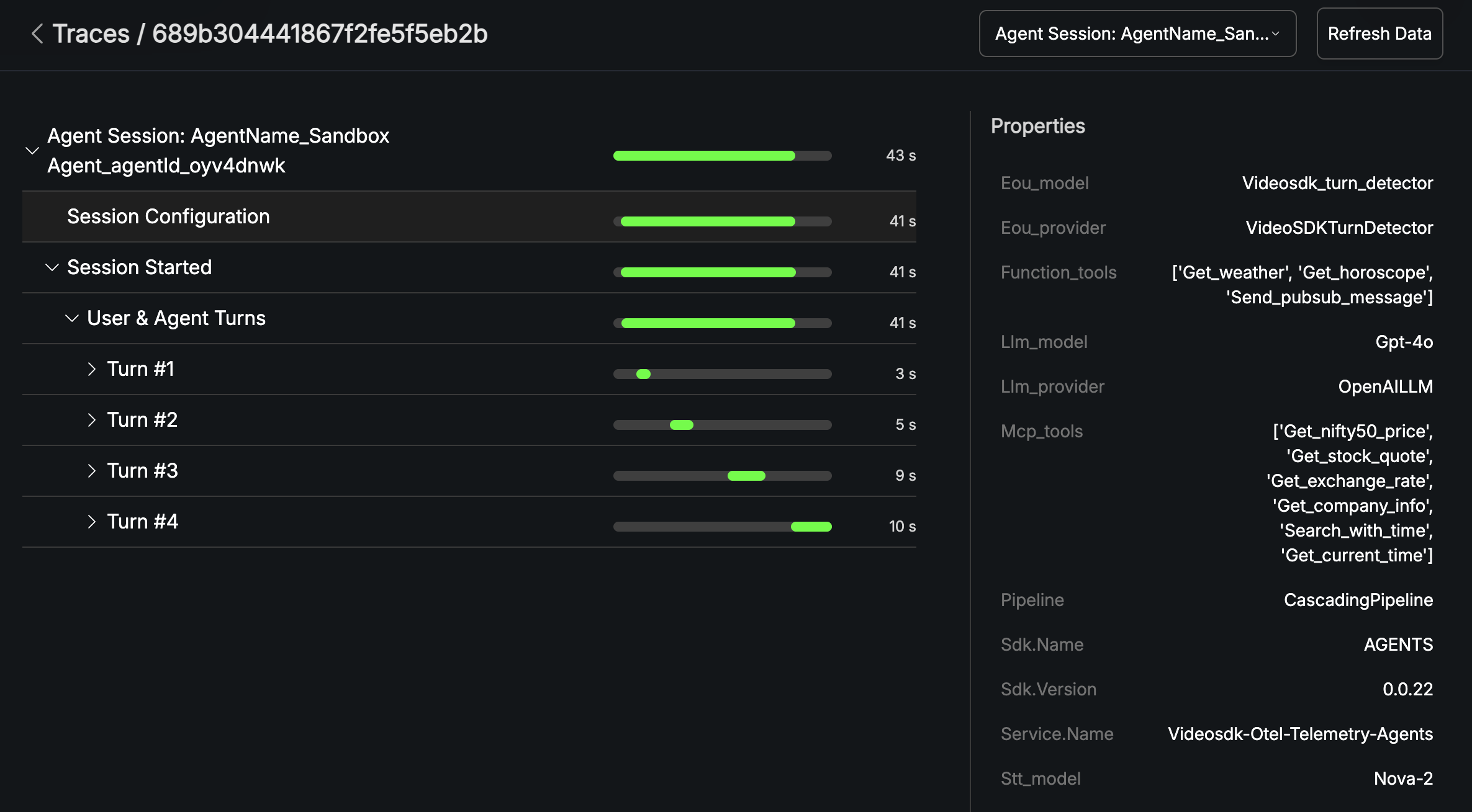 Trace view hierarchy with the Session Configuration node selected, showing STT, LLM, and TTS models and function and MCP tools in the Properties panel