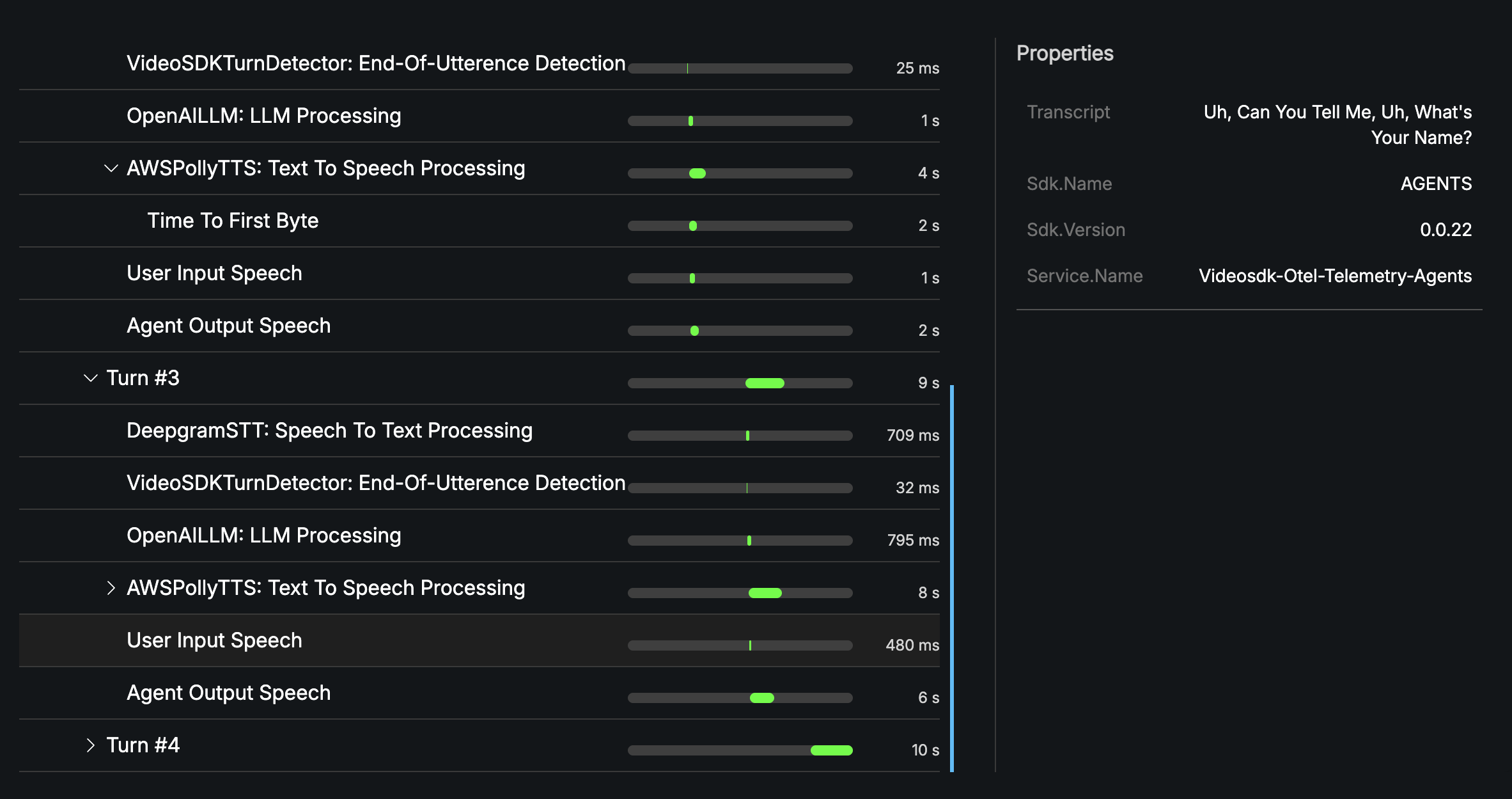 A tool call span selected in the trace view, showing the tool name and the parameters passed to it