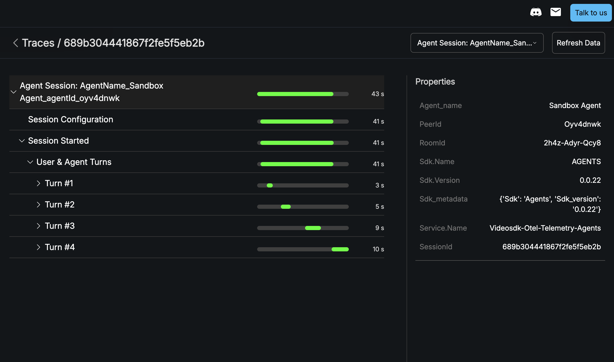 A user and agent turn expanded to show STT, EOU, LLM, and TTS processing spans along the timeline